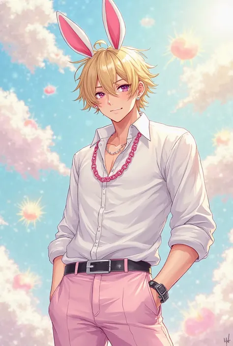 A cute anime man with a white shirt, a tik tok chain, light blonde hair, pink pants, and white bunny ears with pink