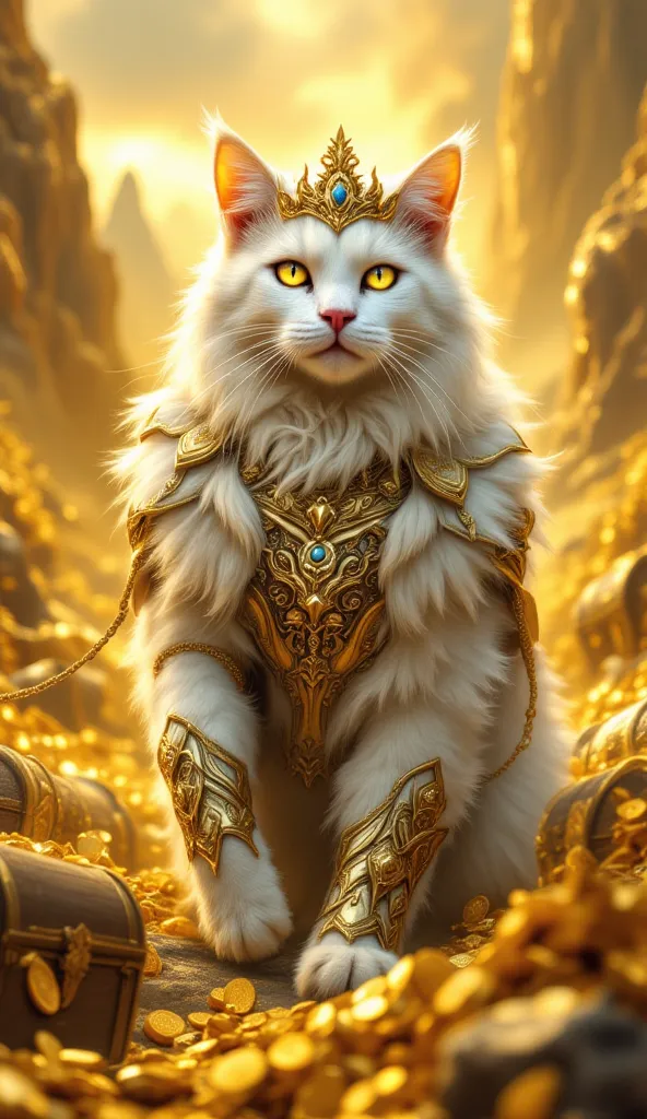 (best illumination, best shadow, masterpiece, best quality),  white  king cat majestic, intimidating, powerful, epic, royal armor of white and gold with intricate details, clean lines, perfect illustration,The surrounding scenery is golden mountains, lots ...