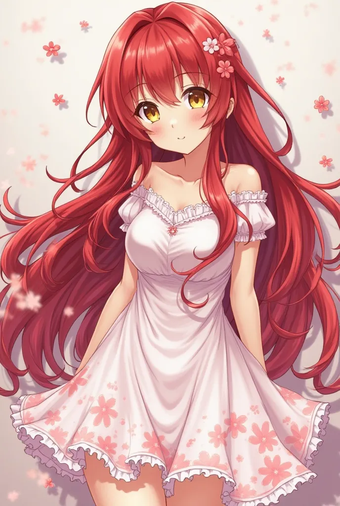 An ocde Anime of a girl with long red hair and yellow eyes with red body neither too fat nor too skinny, with big breasts, big thighs and wide hips, a small waist, a white dress with Sakura flowers, eyes that are neither too big nor too small and the dress...