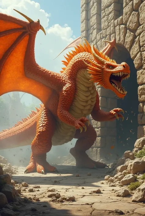 Orange dragon tramples on a cracked wall