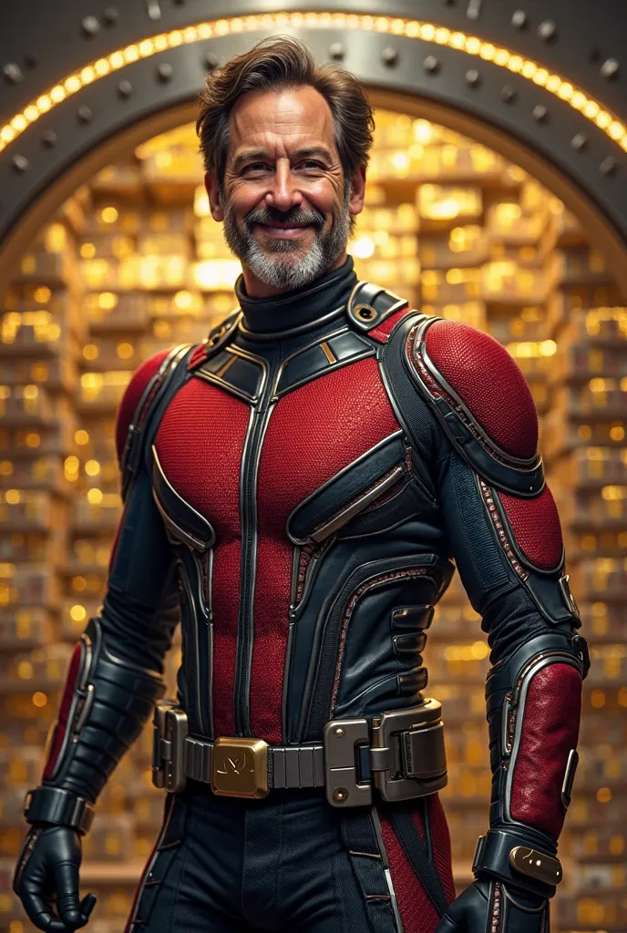 Bearded Paul Rudd smiling wearing an ant man red and black armour at a bank vault full of stacked gold bars and dollars