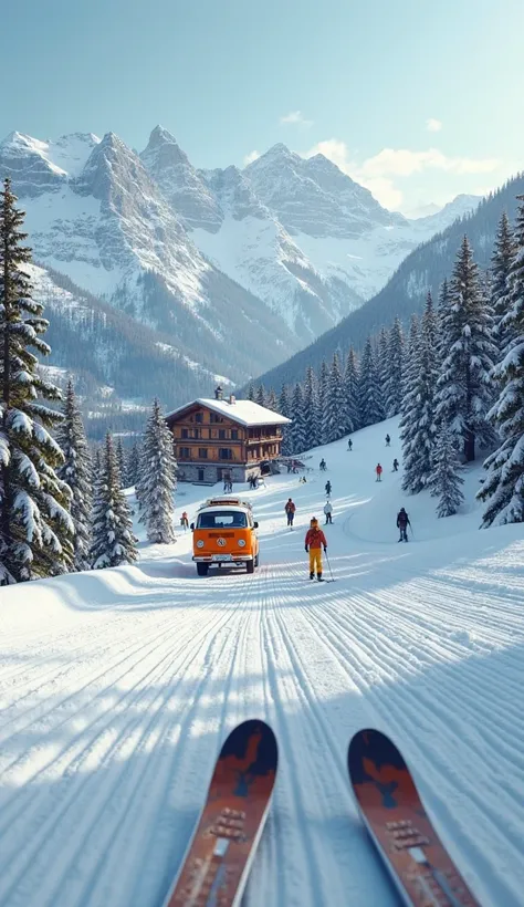 "An ultra-realistic, cinematic image of a scenic ski slope in the Swiss Alps. The perspective is from the point of view of a skier, with ski poles in hand and wooden skis in front. In the distance, a quaint wooden chalet is nestled in the snow-covered moun...