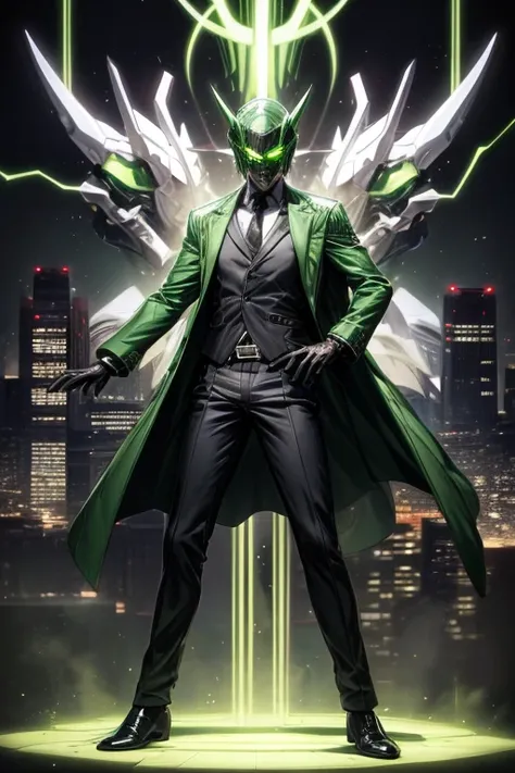 ((best quality)), ((masterpiece)), (detailed), 1 man, full body, 30 years old, silver robotic mask, samurai helmet, small diamond on forehead, no hair, glowing green eyes, android, black collar, high collar, green coat, long green coat, open green coat, bl...