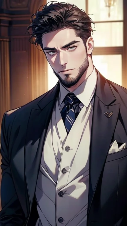 (  CEO,4K,8k,     highres,  masterpiece:1.2),     ultra-detailed,(Realistic,photoRealistic,photo-Realistic:1.37),36-year-old man,3 day beard,cute anime ,Portraits,strong,masculine,     dark hair,sharp jaw,          mesmerizing eyes          ,     perfectly...