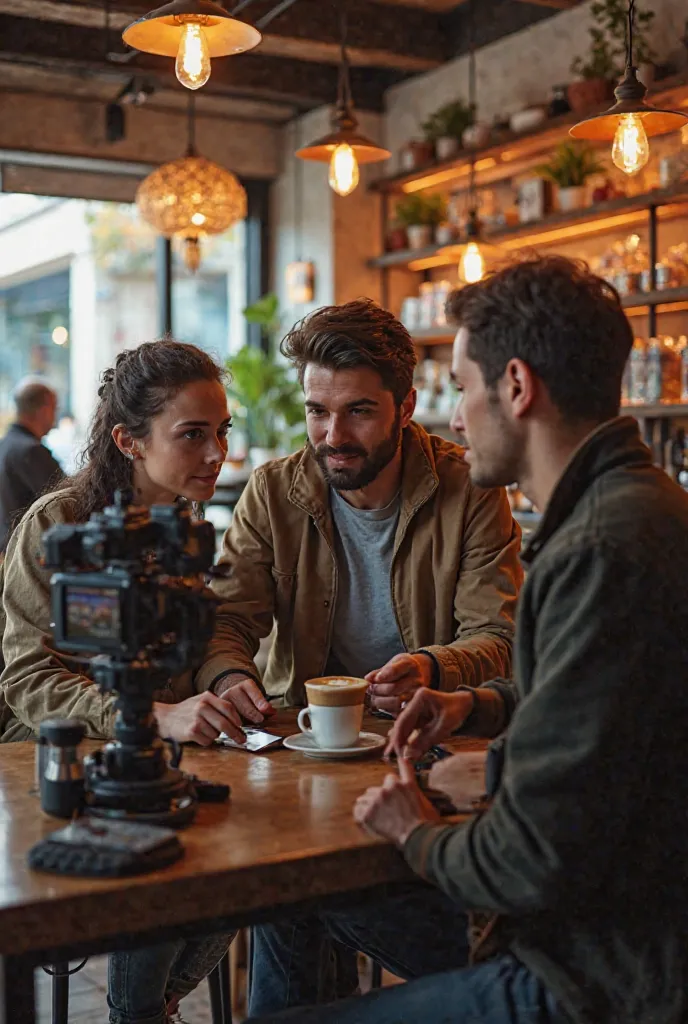 Generate an image of three people recording a video in a coffee shop 