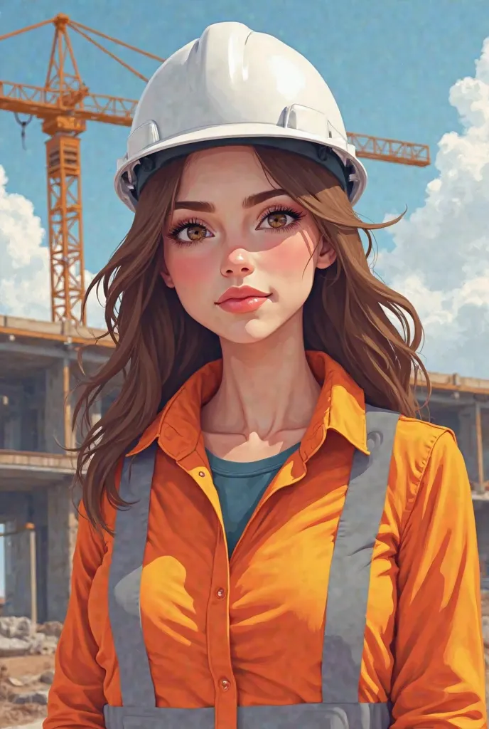 Make an illustration of my,  Woman, construction engineering internship, 27 years old, Brown hair with blonde highlights and compliments, Larger athletic body,  realistic photo, white with dark brown eyes,  strong traits, in front of a building being built...