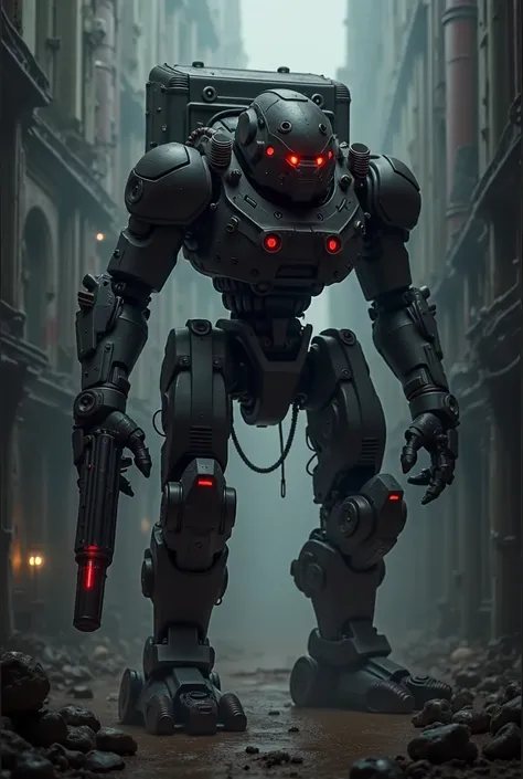 A hunchback Black killer robot and has a dome shape head,with battery pack on its back with a laser gun 