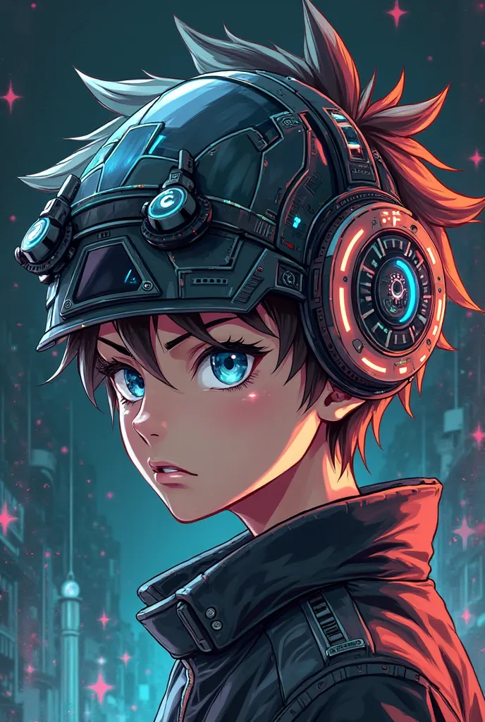 Cyberpunk head only ager boy with headgear hand-drawing anime style, 