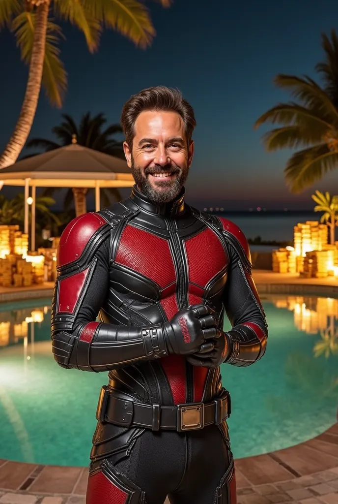 Bearded Paul Rudd holding dollar bills smiling wearing an ant man red and black armour at a miami pool yard of stacked gold bars and dollars, night time