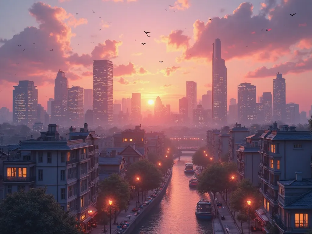 "A hyper-realistic, high-resolution digital image of a dreamy city skyline at sunset. The sky is painted in shades of pink, lavender, and orange, with soft clouds forming delicate heart shapes. Below, modern skyscrapers and charming urban buildings reflect...