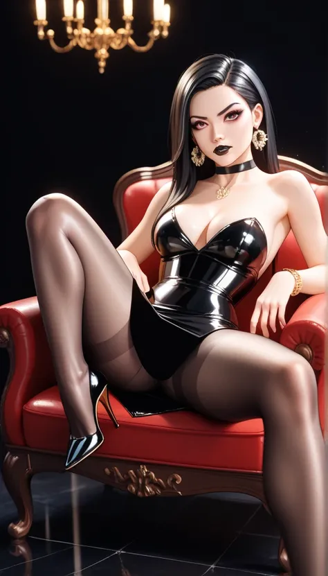 Super Detailed image of gorgeous asian woman, wearing black and gold latex dress, latex skirt, Pantyhose, high heels, black lipstick, perfect make-up,  chocker, sitting in hall on a chair, spread leg, long straight hair, hair bang, octane render, sexy, str...