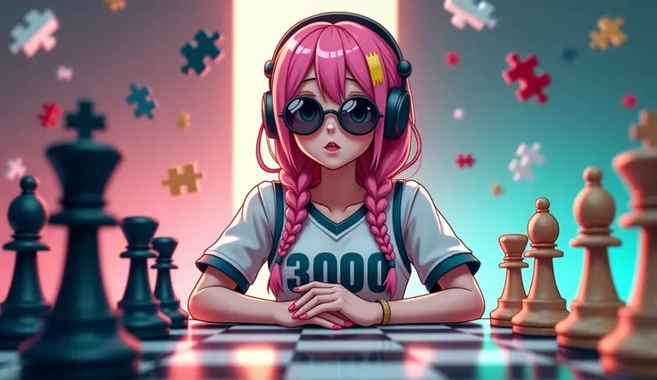 can you make me a YouTube thumbnail that has to do with a chess tutorial video? can you add an anime adult girl with pink braided hair (with blonde streaks), aquamarine eye colour, wearing sunglasses, blushing, and wearing a basketball jersey (that has the...