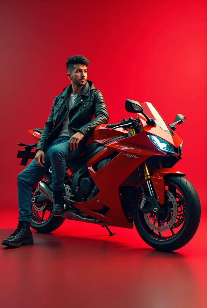 Create a 3D realistic image realistic Pixar-inspired touch of a young tech enthusiast siting beside a futuristic motorcycle Hayabusa in a sleek studio environment. The Red color theme should enhance his leather jacket and shoes, portraying a futuristic att...