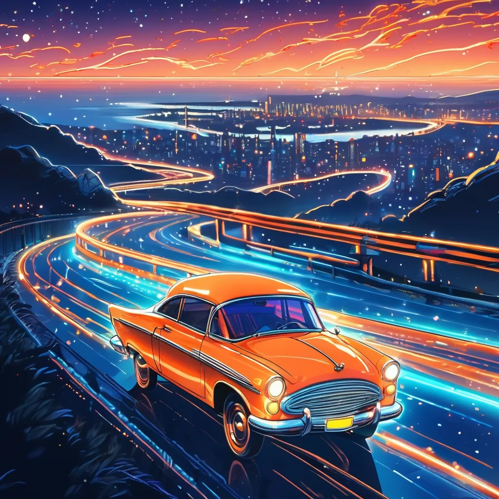 View of an orange retro car driving on a winding highway towards the city at dusk,Pop atmosphere The city on the horizon and the winter sea. starry sky, neon lights,  very accurate, realistic,  vibrant, Exquisite ,  is amazing ,  Like Epic Movies,  is amaz...