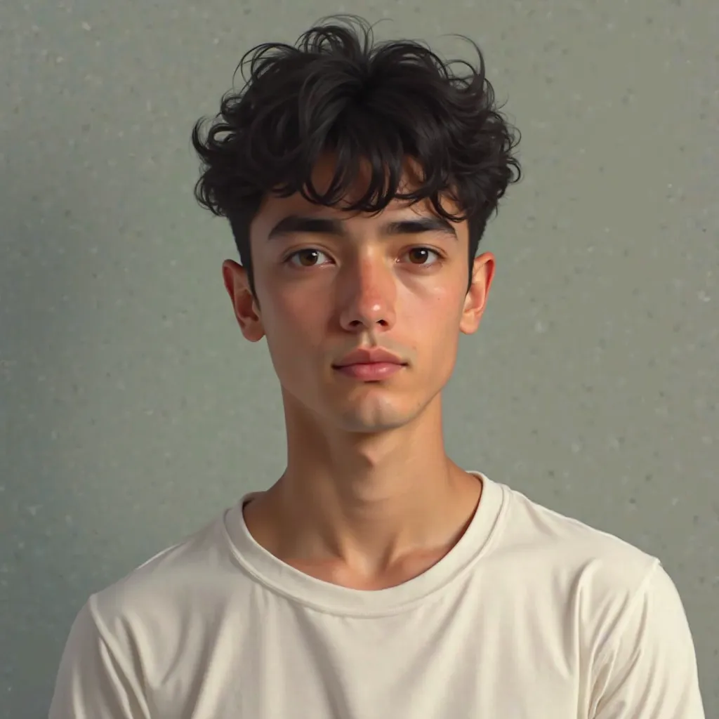 Create an image of a 22-year-old dark-haired man with short curly hair and a slightly thick eyebrow ,Do it with a rounded face with a white t-shirt 