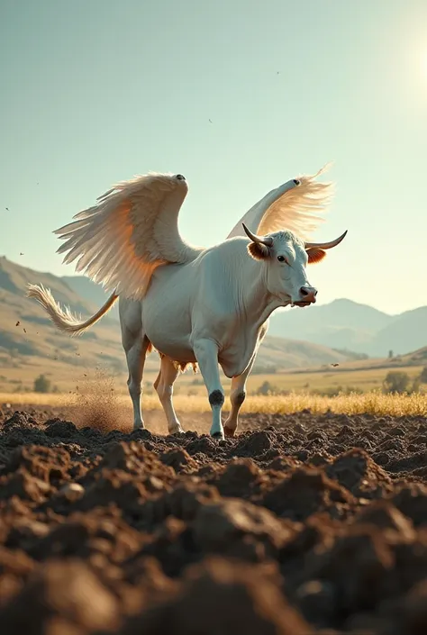 A white-winged cow plows the field.