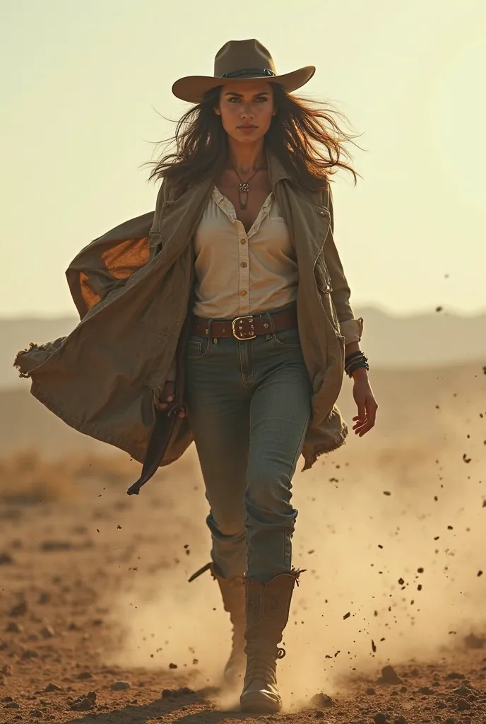 woman, Walking in the Wind, fully clothed, cowboy shot