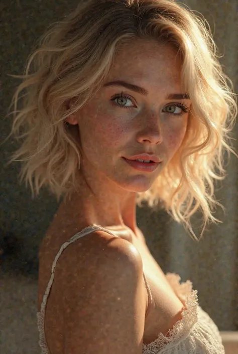 Short haired blonde girl, curly, seductive body and a charming smile 