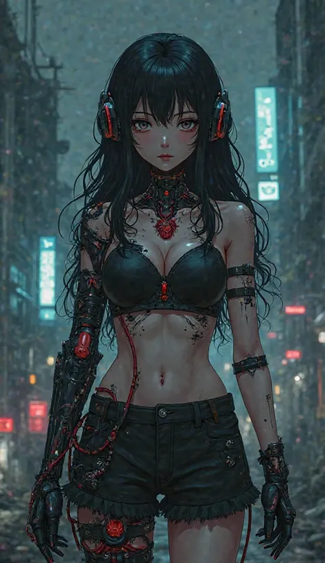 Semi-destroyed girl with long curly black hair wearing black clothes, a bra On her right arm and leg she has robotic parts with red and black cables, in the chest, an artificial heart and robotic parts and headphones on the face, Environment in an anime-st...