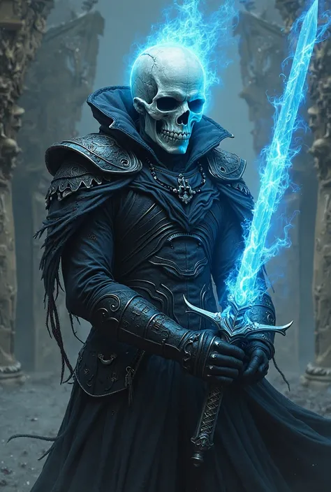 a spectral flaming skull in a black outfit holding a sword and a blue light, craig mullins dark key, dark concept art, concept art of a warrior, dark fantasy concept art, glowing sword in hand, cinematic character concept art, epic character art, trending ...