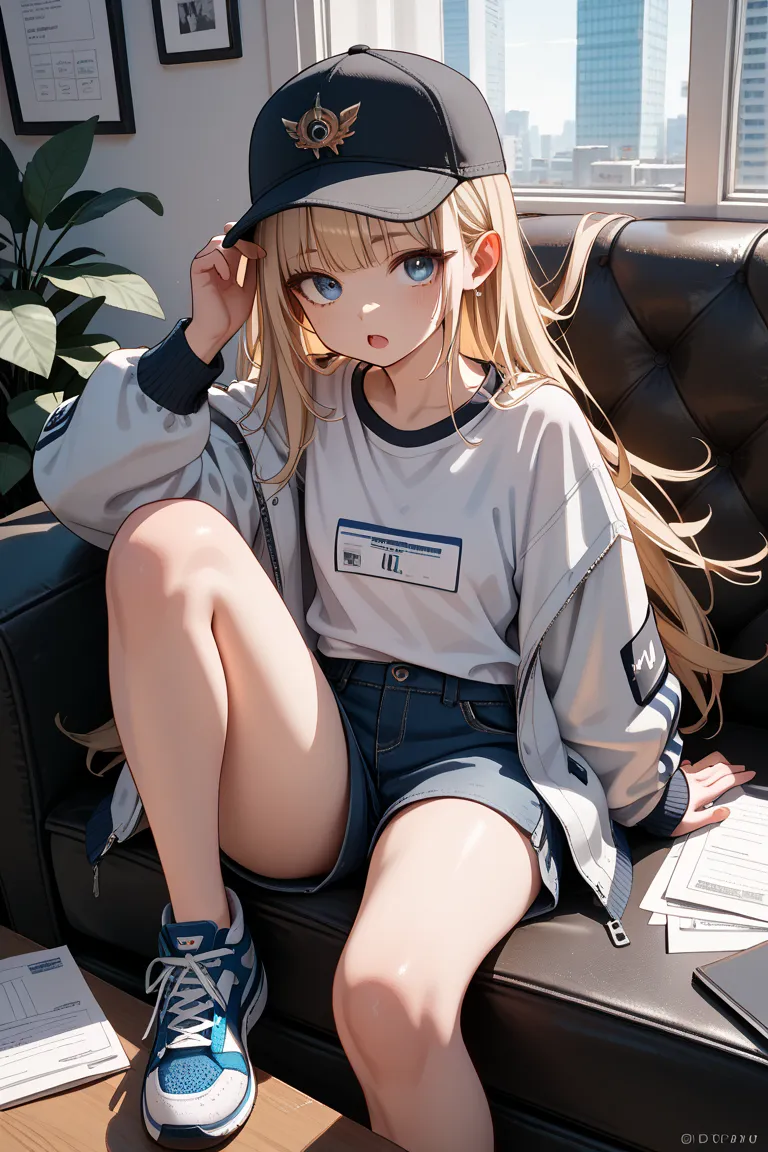  anime style、looking at the camera、full body、
1 girl、
 white jacket、Black T-shirt、Street Style、
Black Cap、
masterpiece、Highest quality、
 Light Blonde、half up、long hair、 blue eyes、Droopy eyes、
open mouth、
 small tits、
Petite、standard、Fair skin、
puffy face、
...