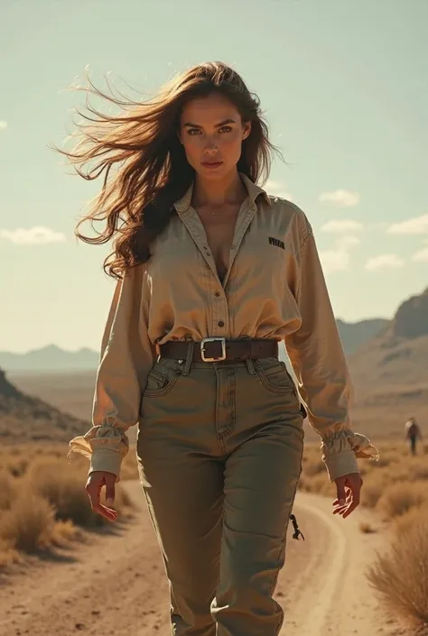 woman, Walking in the Wind, gigantic breasts, fully clothed, cowboy shot