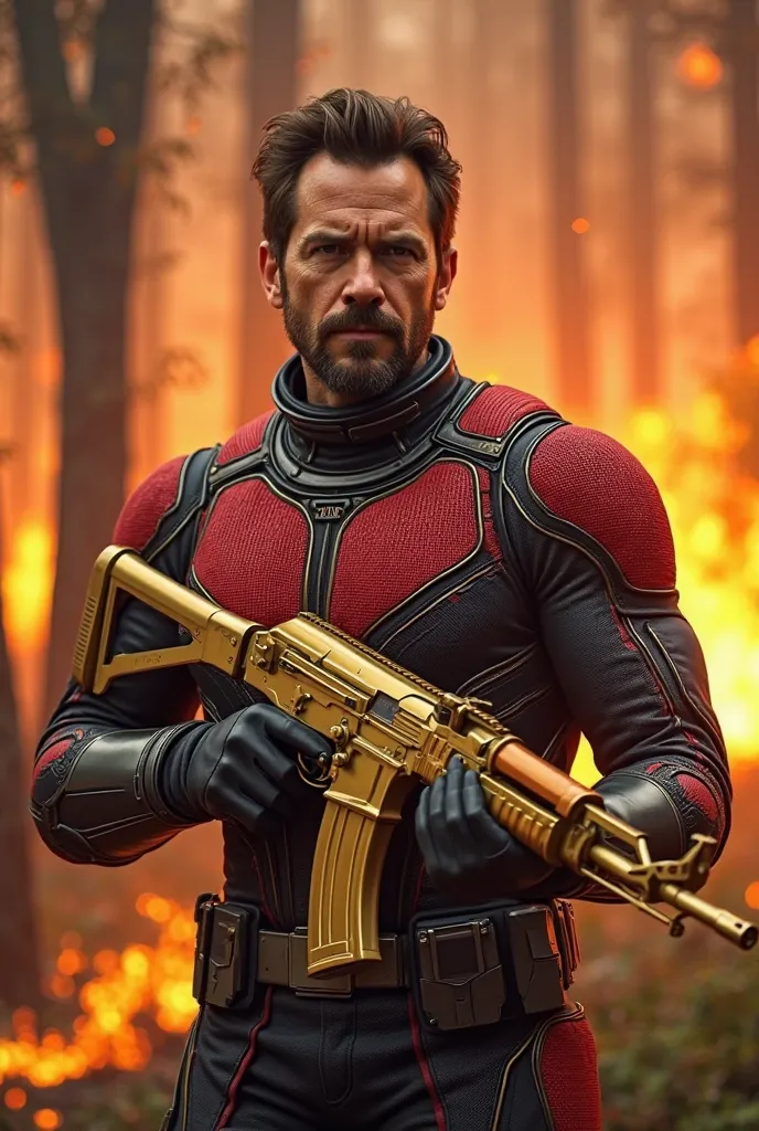 Bearded Paul Rudd holding a golden ak 47 smiling wearing an ant man red and black armour at a flaming forest 