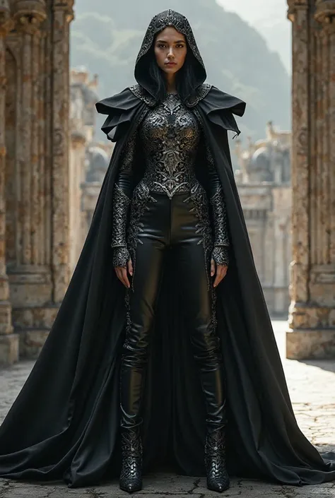 Black with silver medieval dress, but with pants. Has small crown, cape with hoodie, and long skirt.