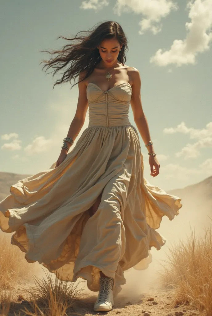 woman, Walking in the Wind, gigantic breasts, skirt costume, fully clothed, cowboy shot