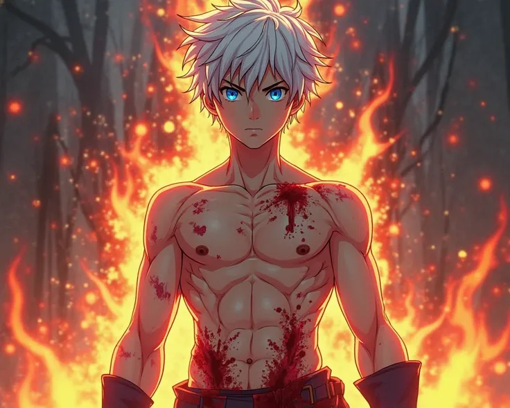 Tall, lean, muscular sixteen year old boy with short messy white hair and bright and vibrant blue eyes shirtless. He is a hero with fire powers and is bloodied and bruised from a fight with a villain. His abs have been beaten mercilessly and he is bleeding...