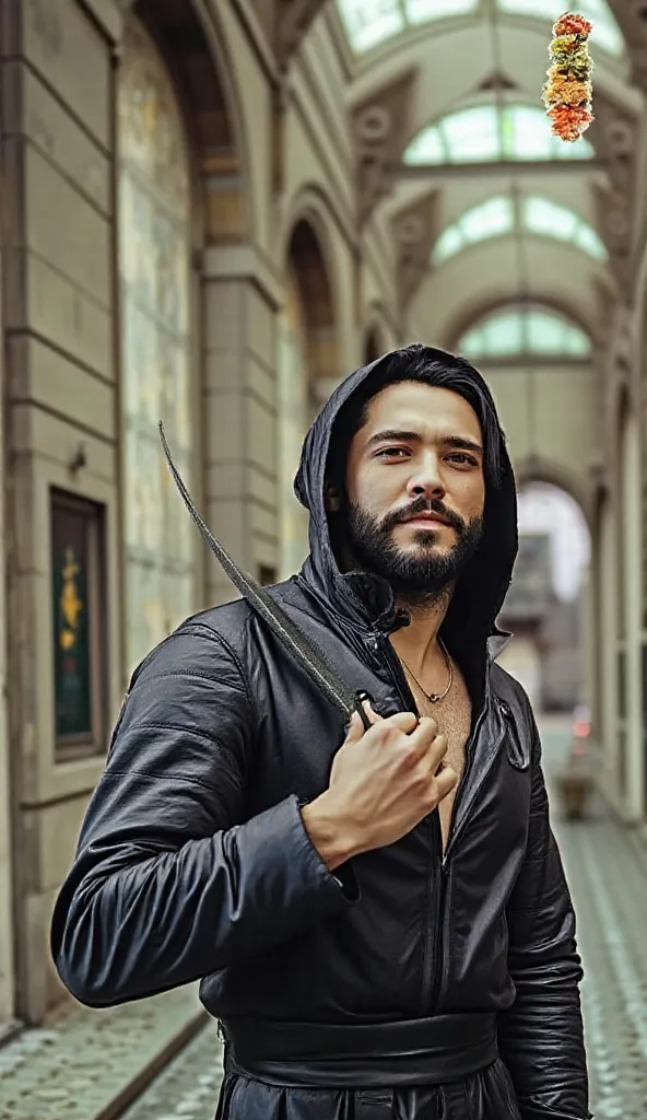 Un homme, coi capelli neri lunghi, la barbe noire, les yeux enfoncés cerclés de noir, le front saillant. Il est vêtu d'une robe noire et sourit d'un air malicieux. 