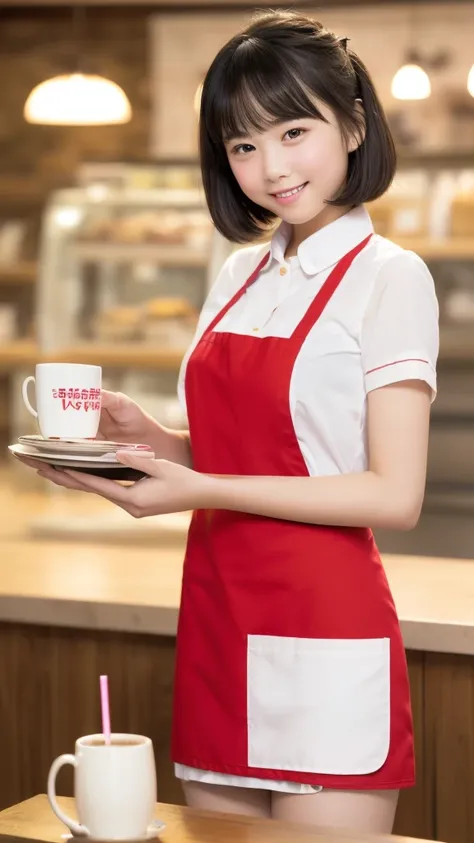 Only one woman, standing, (Staff uniform) (Red apron), /(Black hair/) Bangs, Gentle smile with blush on cheeks, (Top quality masterpiece :1.2) Super detailed delicate illustration, ((Big Break)), (Cafe shop) Indoor, (((18 year old girl, Slim, ))), ((Red ap...