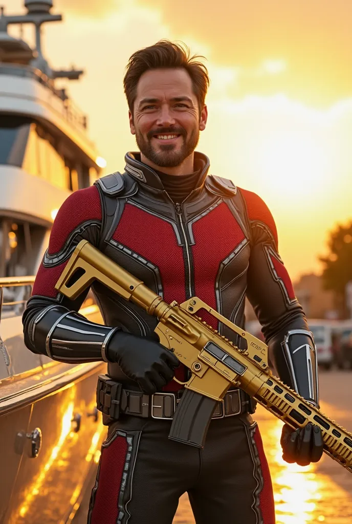 Bearded Paul Rudd holding a golden ak 47 smiling wearing an ant man red and black armour at a golden yatch, sunny time