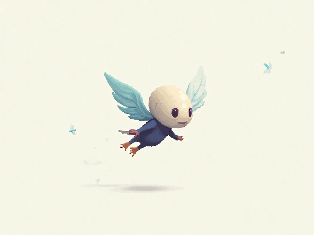 create an image of a plane with a small large human head with small blue wings according to Pixel art effect, Horizontal image like flying takes idea from falppy bird game, with white background