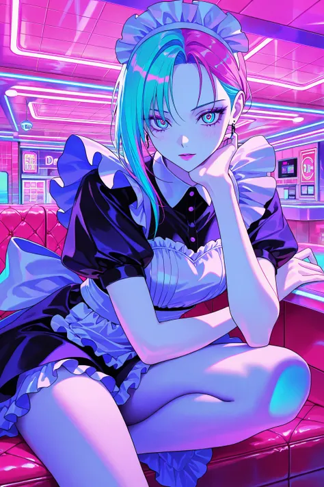 woman focus, cool beauty, gradation color hair, slender body, sit in rest , maid exotic fashion, diner room, neon color, Vaporwave, girl in the glass box, High  resolution,