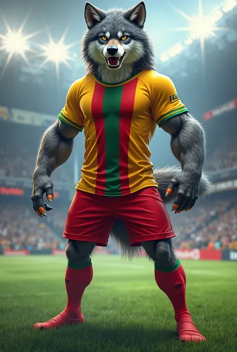 Crie um mascote de time de soccer, A wolf wearing a t-shirt with colors only red green and yellow vertical stripes,  The shorts are all red 