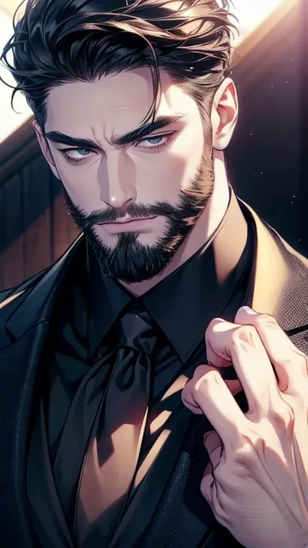 (  CEO,4K,8k,     highres,  masterpiece:1.2),     ultra-detailed,(Realistic,photoRealistic,photo-Realistic:1.37),36-year-old man,3 day beard,cute anime ,Portraits,strong,masculine,     dark hair,sharp jaw,          mesmerizing eyes          ,     perfectly...