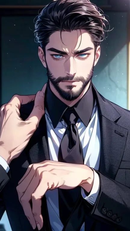 (  CEO,4K,8k,     highres,  masterpiece:1.2),     ultra-detailed,(Realistic,photoRealistic,photo-Realistic:1.37),36-year-old man,3 day beard,cute anime ,Portraits,strong,masculine,     dark hair,sharp jaw,          mesmerizing eyes          ,     perfectly...