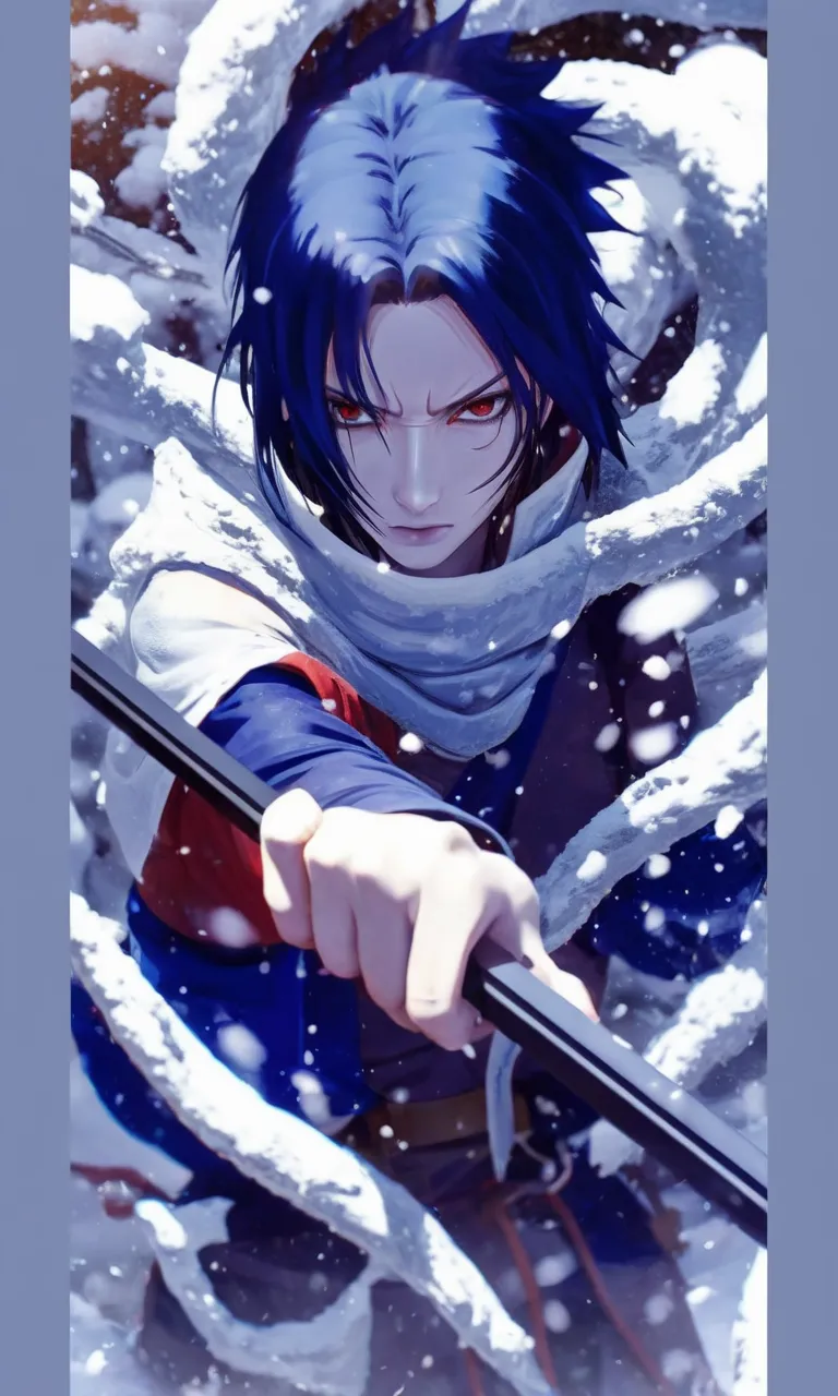 Beautiful sexy women character with blue hair holding a sword in the snow, sasuke uchiha, itachi uchiha, itatchi uchiha, itachi, 4 k manga wallpaper, badass 8 k, clean detailed art, epic  style, from naruto, wallaper, joker as naruto, cover, madara uchiha,...