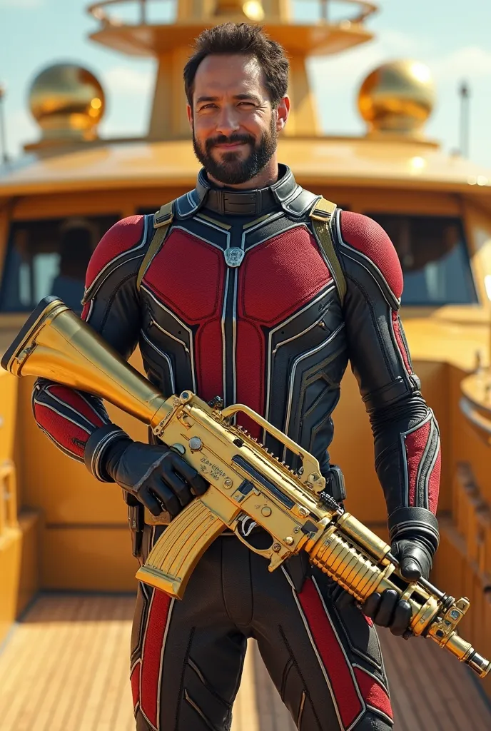 Bearded Paul Rudd holding with his right hand a golden ak 47 smiling wearing an ant man red and black armour at a golden yatch, sunny time