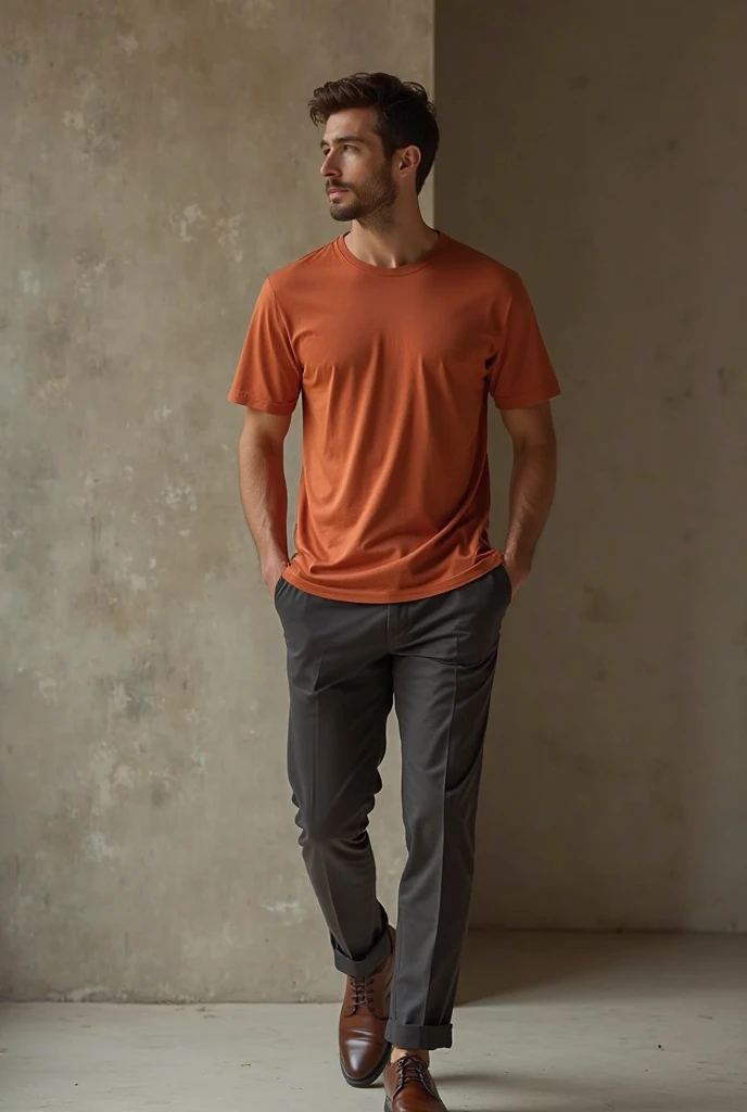 An ultra-HD hyper-realistic full-length studio photograph of a male model wearing a stylish, well-fitting, unprinted Egyptian cotton terracotta-colored t-shirt with slim round neckline and tailored trousers. The model is walking in a studio environment. Ca...