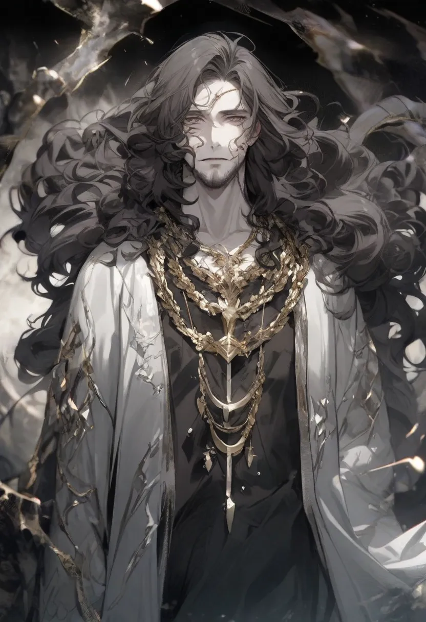 man , Age 40 years,  Dark gray hair  ,  curly hair , long hair , snake-shaped gold necklace, priestly clothing, white skin, grey beard , light brown eyes ,  mysterious look  , Between Poisonous Silver  , Alone , strong ,  male gender  ,  Attractive face, v...