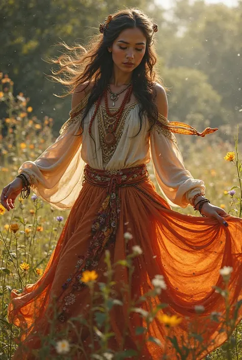 A gypsy woman dancing to a calm song 