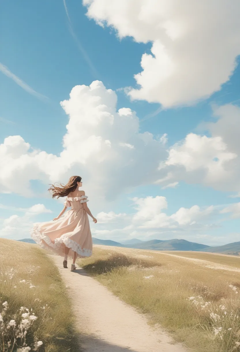 Walking in the Wind, strong wind, female, adult, walking, looking upwind, in the sky, absurdly long hair, off shoulder frilled  dress, full body shot, dynamic angle, wide shot, SkyBlue and Beige two toned, aerokinesis