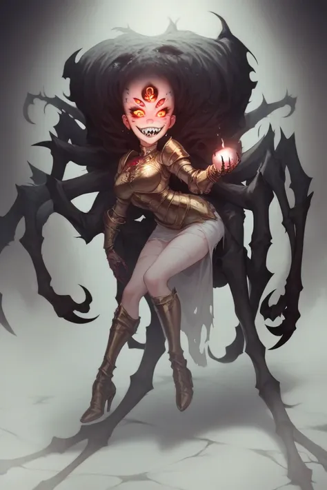 Humanoid creature, pale skin, glowing eyes, sharp teeth, broken armor, spider legs