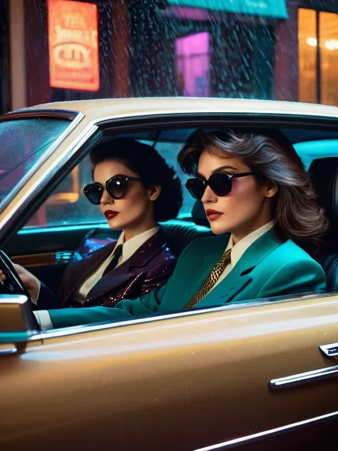 A stylish woman and man sit in the backseat of a vintage 1980s luxury car, both dressed in oversized suits with bold shoulder pads. The woman wears dark sunglasses, her hair in a voluminous blowout, while the man leans back casually, his tie loose. Neon ci...