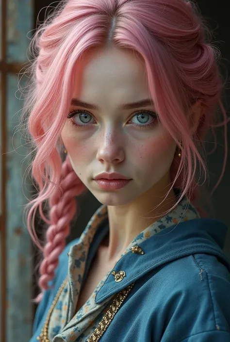  woman with pink hair , grey-eyed, soft features and a slapped nose. Village clothing, with blue and gray details