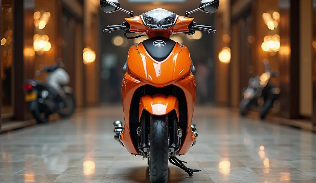 "A luxurious, camera (2025 tata electric scooter) with a bold and modified design, featuring a (orange) shiny polished exterior. In the full(front) view, the bike modified front is highlighted, showcasing a custom (front) with an aggressive design. The (fr...