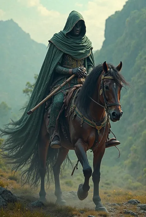 Create a magical image of Indian theaf on Horse  with face covered and gun 