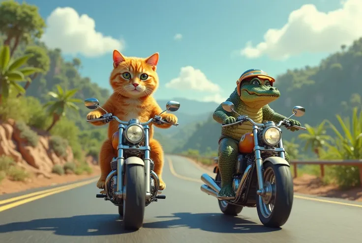 Orange cat riding a motorcycle with a crocodile riding a motorcycle